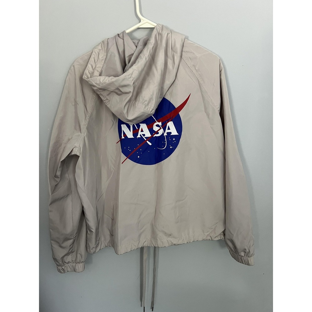 NASA Jacket Womens M Beige Hooded Windbreaker Snap Button Logo H&M Divided EUC - Picture 2 of 11